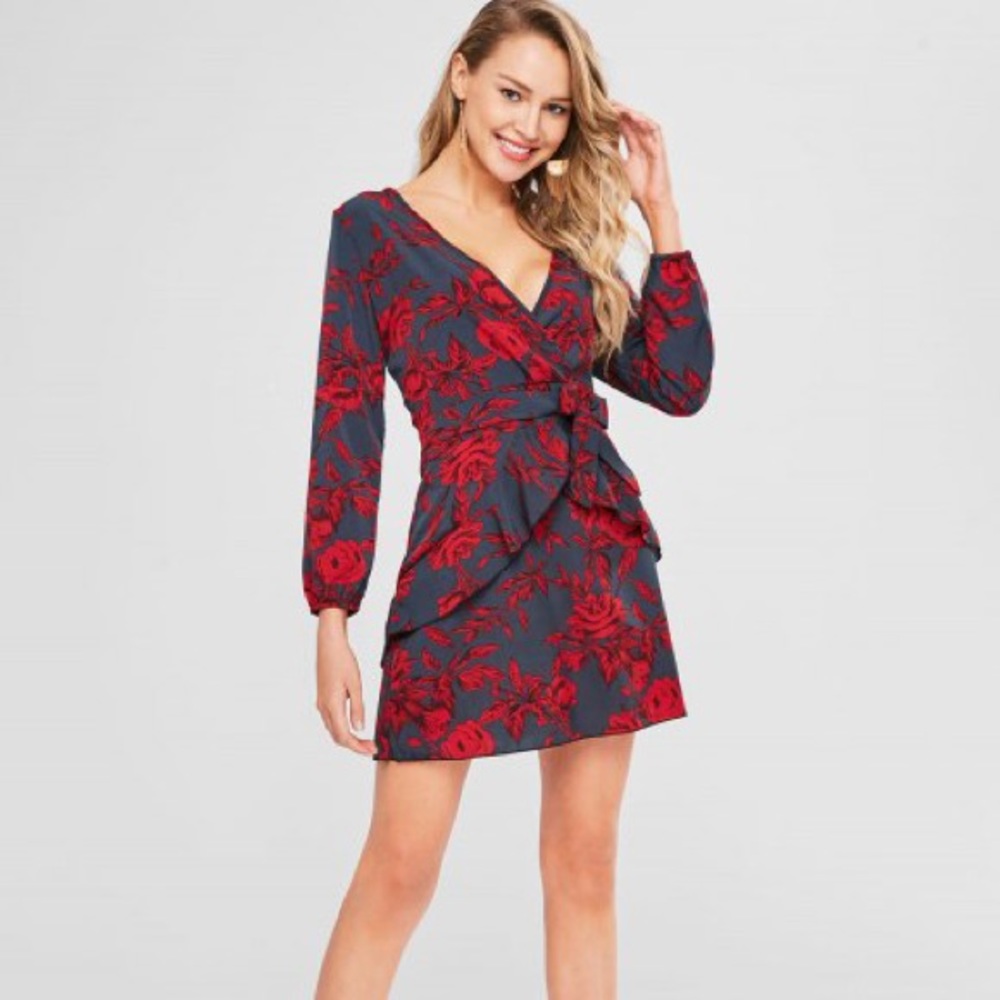 Low Cut Floral Print Dress- Red L
